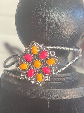 Silver Floral Cuff Bracelet with Pink and Yellow orange Cabochons